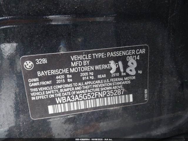 43647514 :رقم المزاد ، WBA3A5G52FNP35287 vin ، 2015 Bmw 328i مزاد بيع