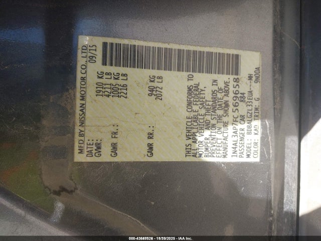 Nissan Altima 2.5 S 2015 1N4AL3AP7FC569658 Image 9