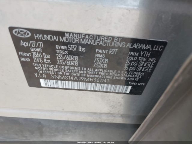 2021 HYUNDAI SANTA FE 5NMS14AJ9MH361141 Photo 8