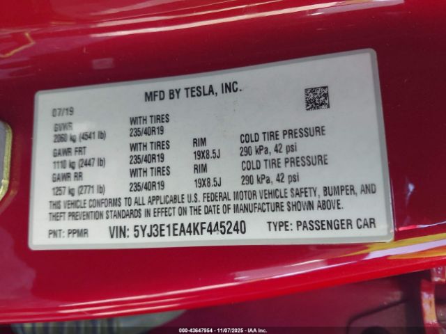 2019 TESLA MODEL 3 5YJ3E1EA4KF445240 Photo 8