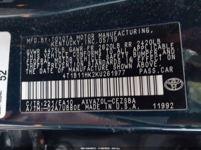 2019 TOYOTA CAMRY 4T1B11HK2KU261977 Photo 8