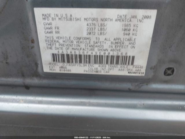 2009 MITSUBISHI GALANT 4A3AB36F49E001368 Photo 8