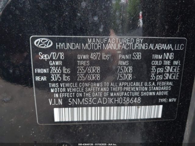 2019 HYUNDAI SANTA FE 5NMS3CAD1KH038648 Photo 8