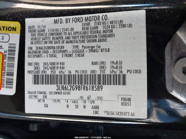 Lincoln MKZ 2015 3LN6L2G98FR618589 Image 9