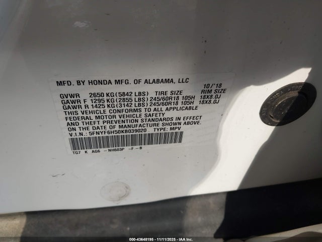 Продажа на аукционе авто 2019 Honda Pilot Ex-l, vin: 5FNYF6H50KB039020, номер лота: 43648195