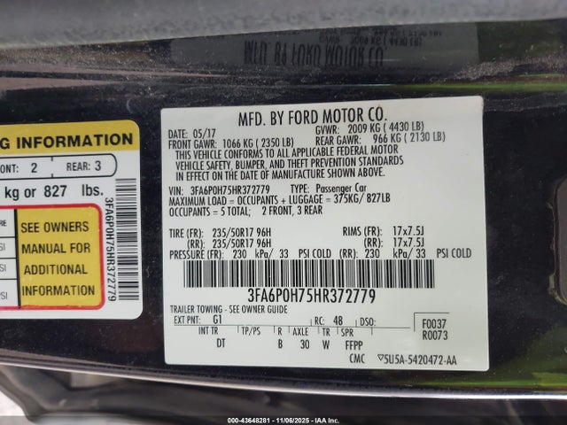 2017 Ford Fusion Se მანქანა იყიდება აუქციონზე, vin: 3FA6P0H75HR372779, აუქციონის ნომერი: 43648281