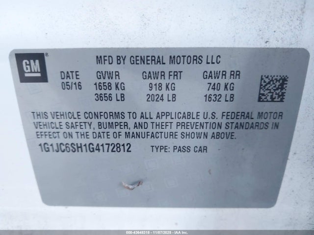 1G1JC6SH1G4172812 Chevrolet Sonic Lt Auto