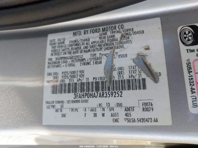 2010 FORD FUSION 3FAHP0HA7AR359252 Photo 8