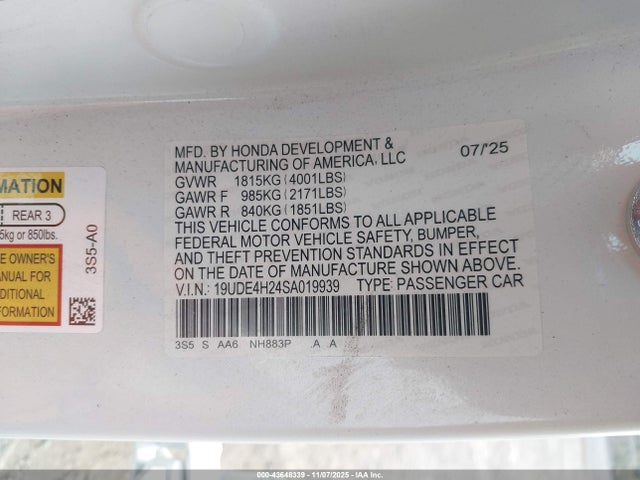 2025 Acura Integra მანქანა იყიდება აუქციონზე, vin: 19UDE4H24SA019939, აუქციონის ნომერი: 43648339