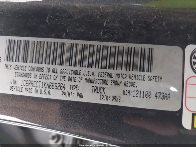 43648367 :رقم المزاد ، 1C6RRECT1KN666264 vin ، 2019 Ram 1500 Tradesman  4x2 6'4 Box مزاد بيع