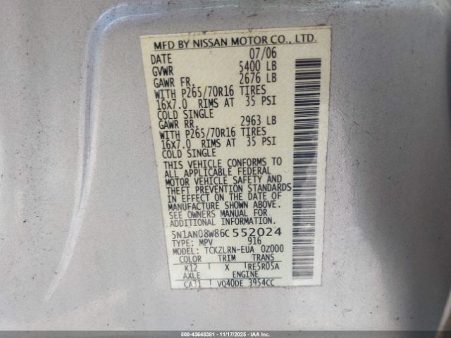 2006 NISSAN XTERRA 5N1AN08W86C552024 Photo 8