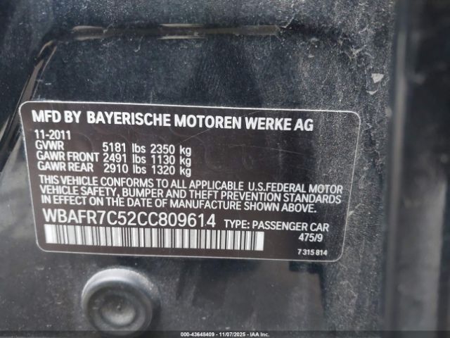 2012 BMW 535I WBAFR7C52CC809614 Photo 8