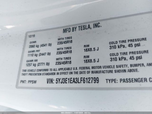 2020 TESLA MODEL 3 5YJ3E1EA3LF612799 Photo 8