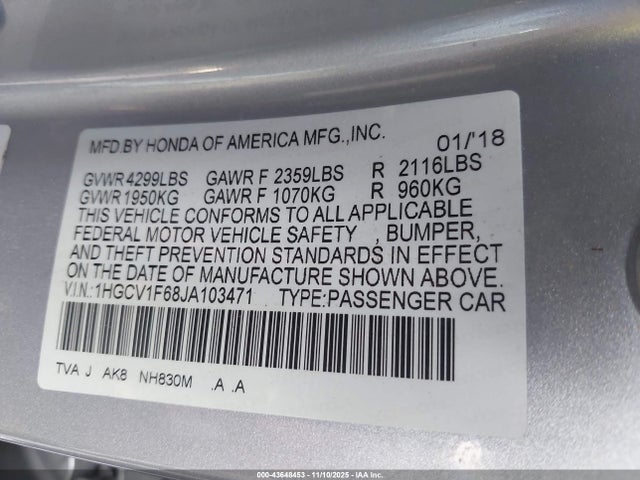 1HGCV1F68JA103471 Honda Accord Ex-l