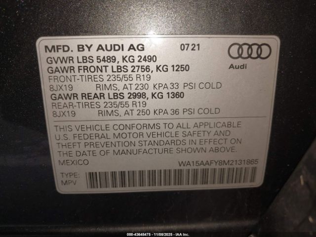 2021 AUDI Q5 SPORTBACK WA15AAFY8M2131865 Photo 8