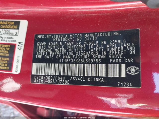 2011 TOYOTA CAMRY 4T1BF3EK8BU599756 Photo 8