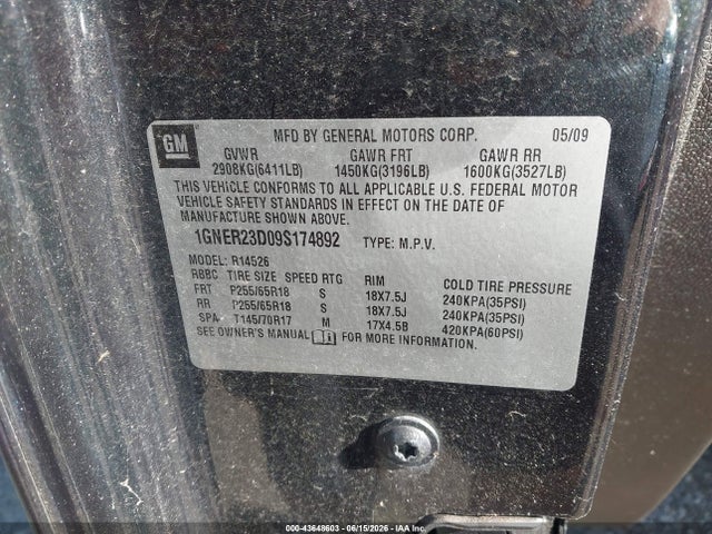 2009 Chevrolet Traverse Lt მანქანა იყიდება აუქციონზე, vin: 1GNER23D09S174892, აუქციონის ნომერი: 43648603