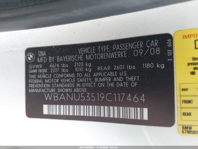Продажа на аукционе авто 2009 Bmw 528i, vin: WBANU53519C117464, номер лота: 43648661