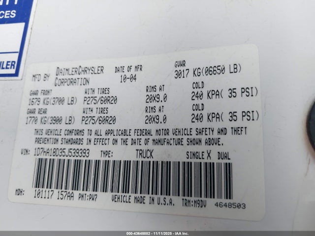 Продаж на аукціоні авто 2005 Dodge Ram 1500 Slt/laramie, vin: 1D7HA18D35J539393, номер лоту: 43648882