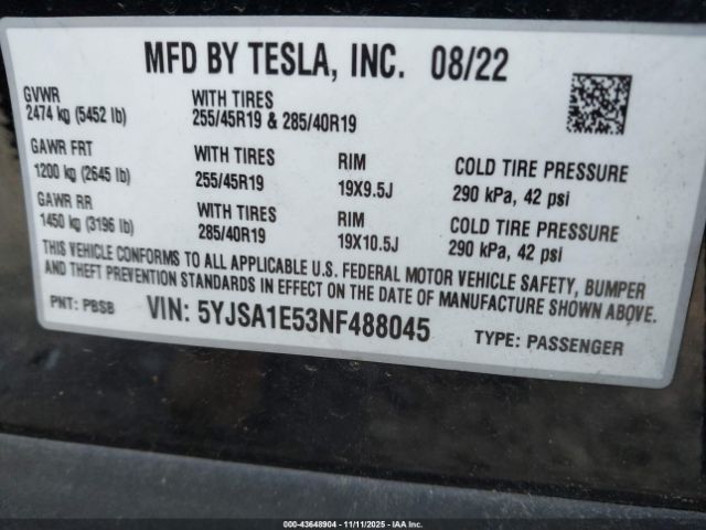 2022 TESLA MODEL S 5YJSA1E53NF488045 Photo 8