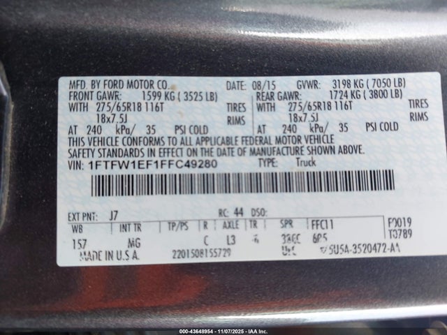 Aukcja sprzedaży 2015 Ford F-150 Xlt, vin: 1FTFW1EF1FFC49280, numer aukcji: 43648954