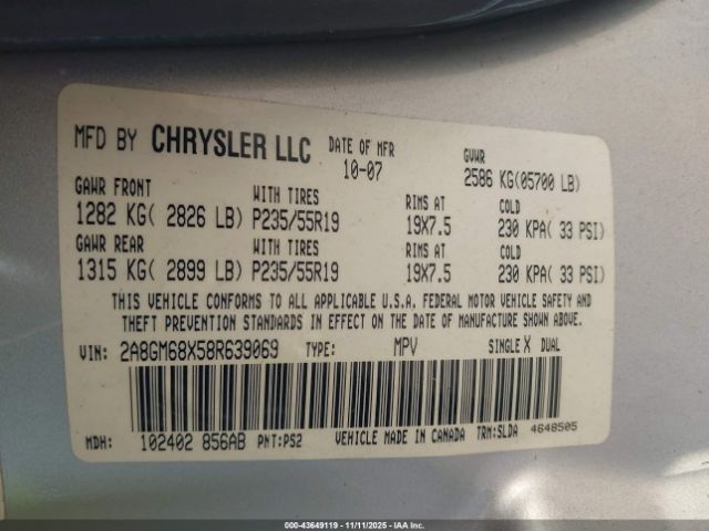2008 CHRYSLER PACIFICA 2A8GM68X58R639069 Photo 8