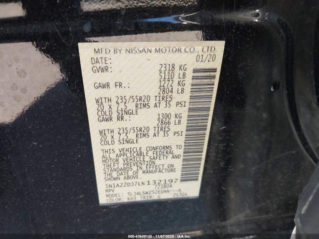 Продаж на аукціоні авто 2020 Nissan Murano Platinum Fwd, vin: 5N1AZ2DJ7LN132197, номер лоту: 43649145