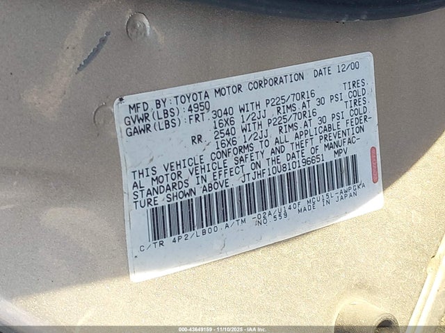 43649159 :رقم المزاد ، JTJHF10U810196651 vin ، 2001 Lexus Rx 300 مزاد بيع