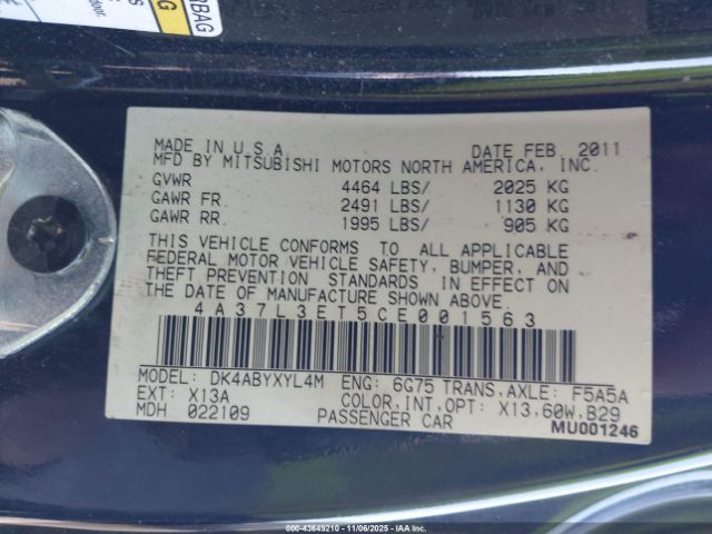 2012 MITSUBISHI ECLIPSE 4A37L3ET5CE001563 Photo 8