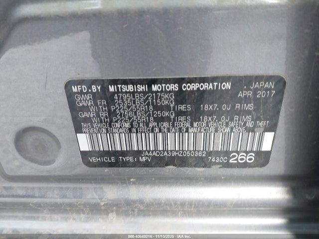 2017 MITSUBISHI OUTLANDER JA4AD2A39HZ050362 Photo 8