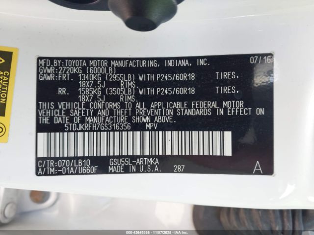 2016 TOYOTA HIGHLANDER 5TDJKRFH7GS316356 Photo 8