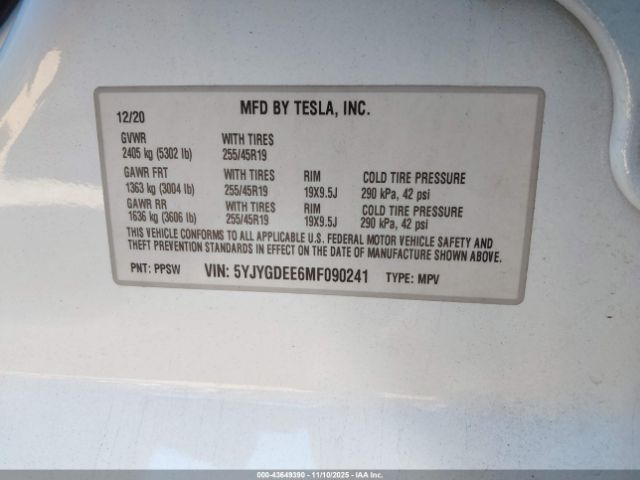 2021 TESLA MODEL Y 5YJYGDEE6MF090241 Photo 8