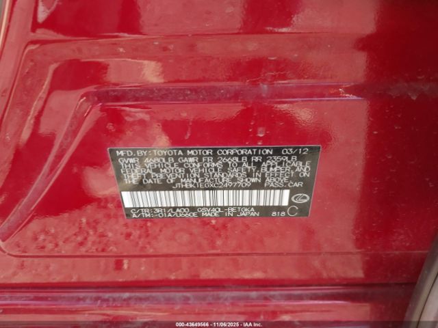 2012 LEXUS ES 350 JTHBK1EGXC2497709 Photo 8