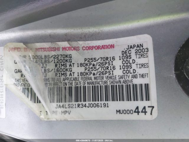 2004 MITSUBISHI MONTERO SPORT JA4LS21R34J006191 Photo 8