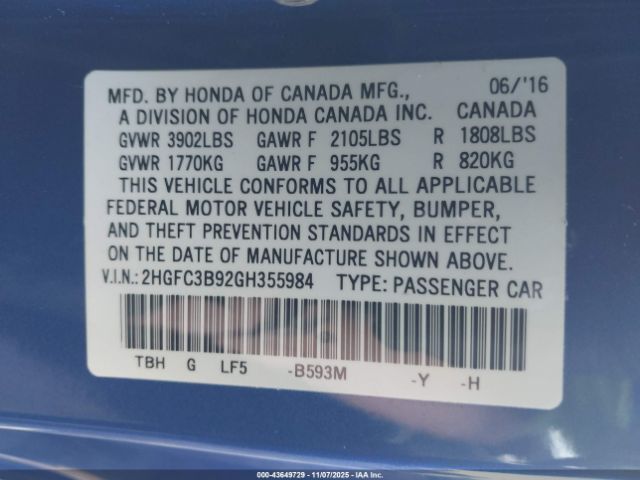 2016 HONDA CIVIC 2HGFC3B92GH355984 Photo 8