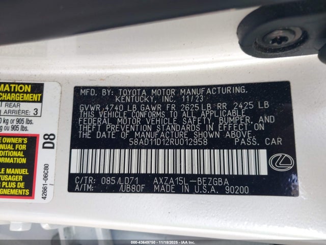 Aukcja sprzedaży 2024 Lexus Es 250, vin: 58AD11D12RU012958, numer aukcji: 43649750