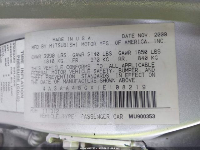 2001 MITSUBISHI GALANT 4A3AA46GX1E108219 Photo 8