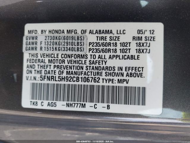 2012 HONDA ODYSSEY 5FNRL5H92CB106762 Photo 8