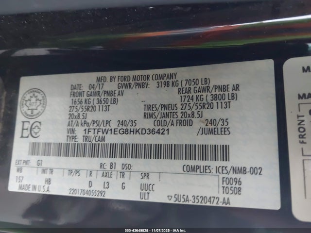 Продажа на аукционе авто 2017 Ford F-150 Lariat, vin: 1FTFW1EG8HKD36421, номер лота: 43649825
