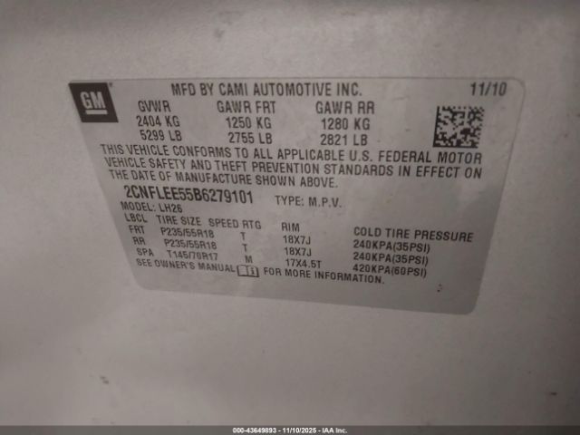 2011 CHEVROLET EQUINOX 2CNFLEE55B6279101 Photo 8