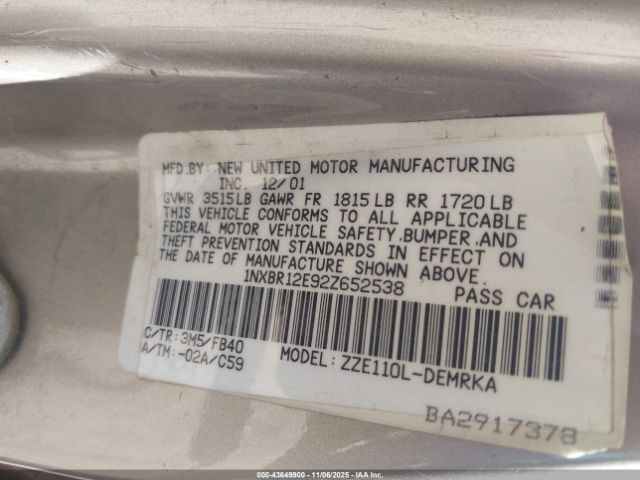 2002 TOYOTA COROLLA 1NXBR12E92Z652538 Photo 8