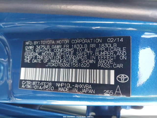 Aukcja sprzedaży 2014 Toyota Prius C One, vin: JTDKDTB36E1561620, numer aukcji: 43649904