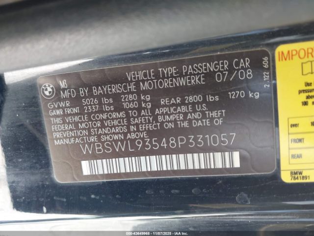 2008 BMW M3 WBSWL93548P331057 Photo 8