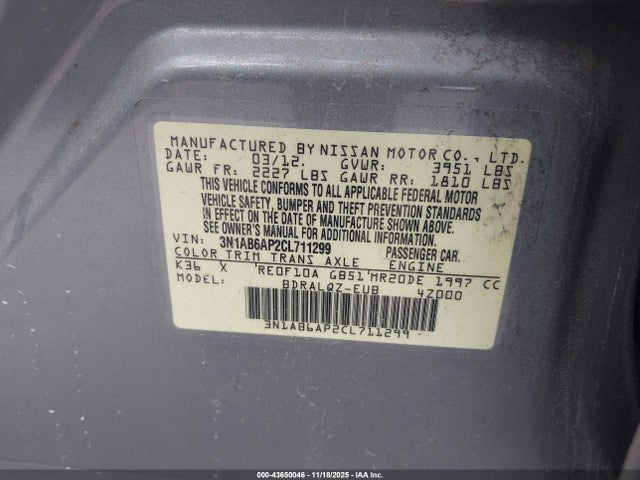 Aukcja sprzedaży 2012 Nissan Sentra 2.0, vin: 3N1AB6AP2CL711299, numer aukcji: 43650046