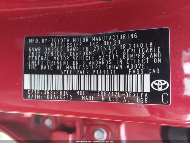 Продаж на аукціоні авто 2020 Toyota Corolla Le, vin: 5YFEPRAE2LP141131, номер лоту: 43650076