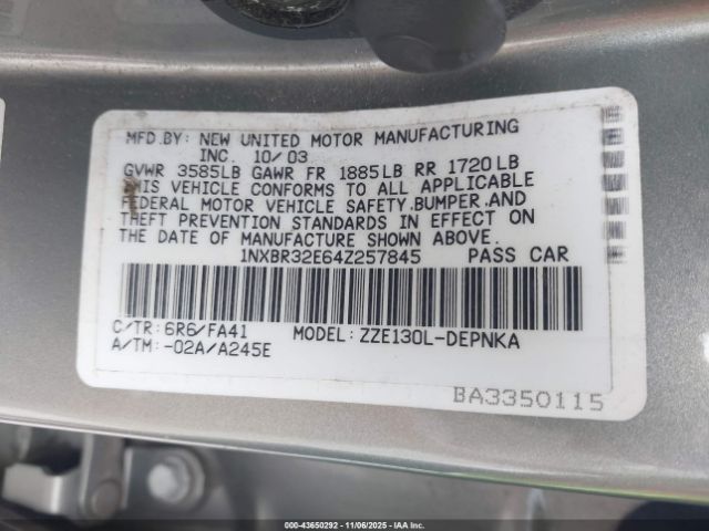 2004 TOYOTA COROLLA 1NXBR32E64Z257845 Photo 8