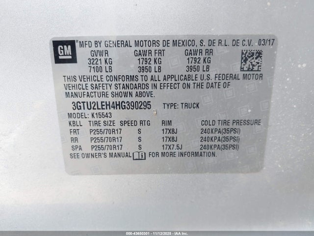 Продажа на аукционе авто 2017 Gmc Sierra 1500, vin: 3GTU2LEH4HG390295, номер лота: 43650301