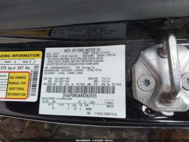 2019 FORD FUSION HYBRID 3FA6P0MU6KR262455 Photo 8
