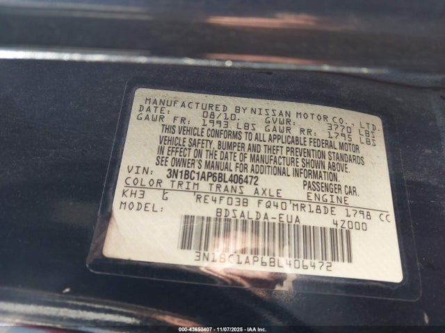 43650407 :رقم المزاد ، 3N1BC1AP6BL406472 vin ، 2011 Nissan Versa 1.8s مزاد بيع