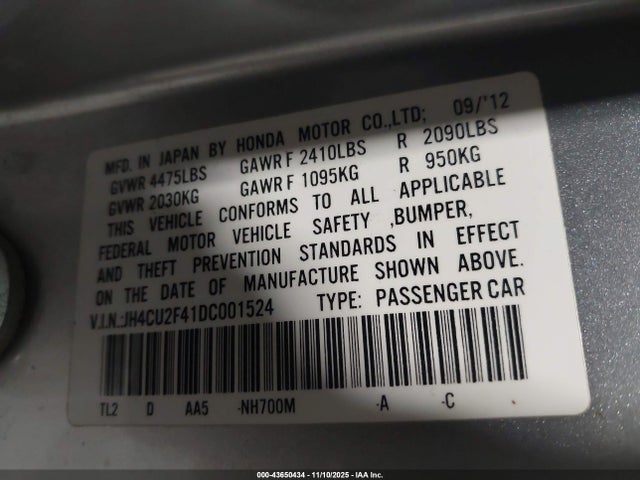 43650434 :رقم المزاد ، JH4CU2F41DC001524 vin ، 2013 Acura Tsx 2.4 مزاد بيع